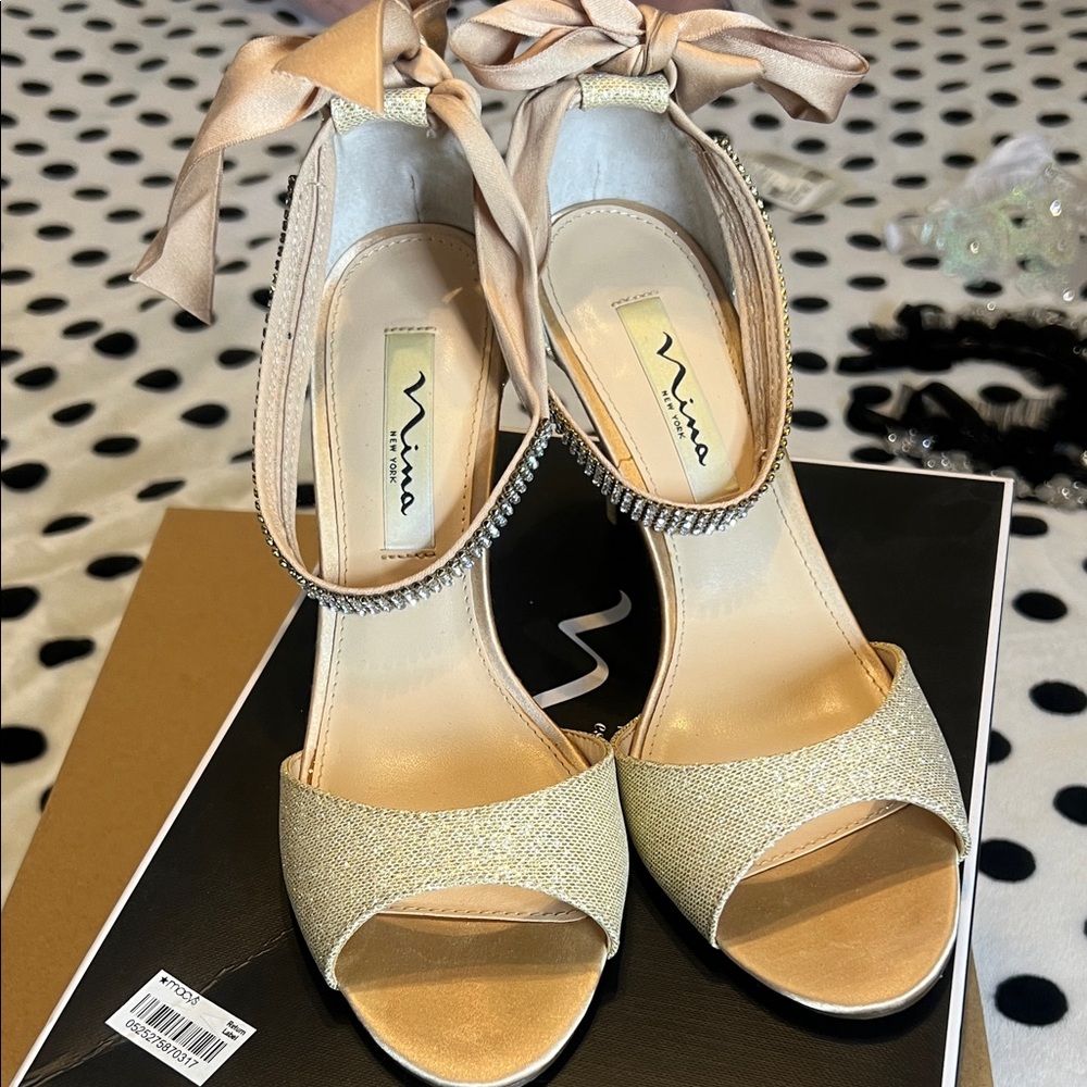 Nina Elegant Gold Heels with Ribbon Detail